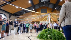 The Wake Forest Office of the Chaplain holds a Peace Pole ceremony in the Sutton Center to pray for peace worldwide.