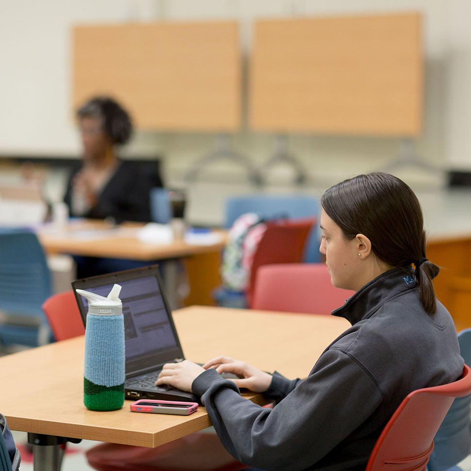 School of Divinity student Stephanie Manasa reviews course materials on Sakai