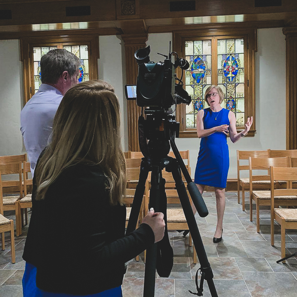 School of Divinity professor Katherine Shaner is interviewed by FOX8 New's anchor Bob Buckley, April 2019