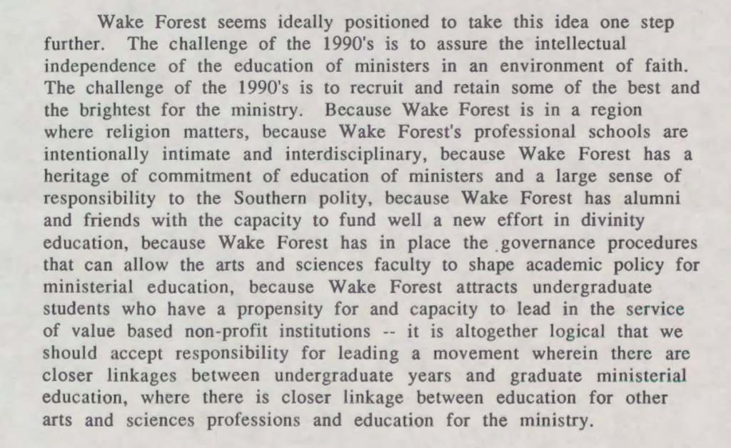 Excerpt from “Rough Draft: Talking Paper on the Divinity School.” Special Collections & Archives (ZSR Library), Wake Forest University.