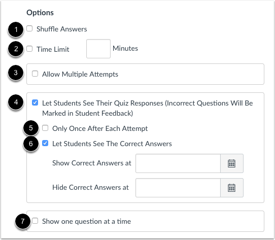 canvas tests and quizzes menu screenshot