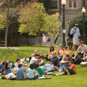 Class meeting on lawn outside Tribble