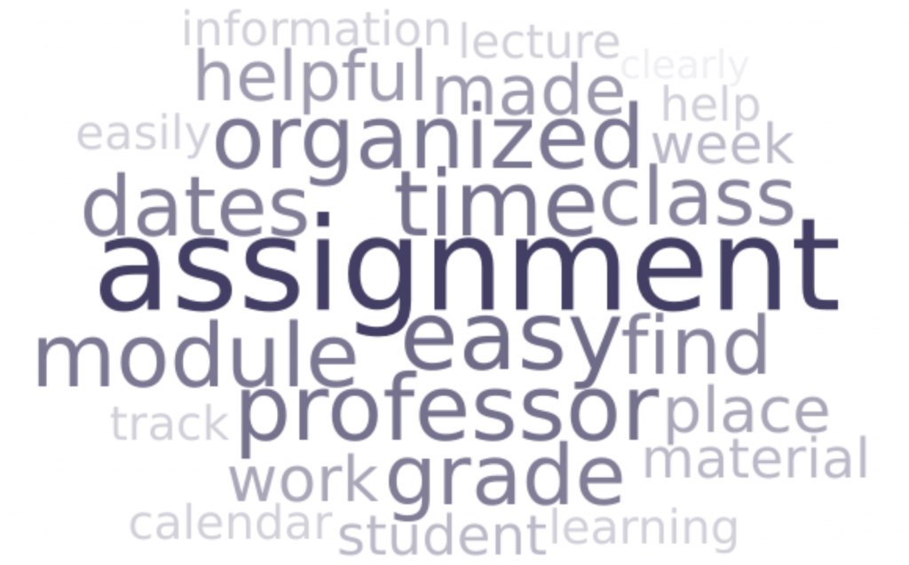 Word cloud with the words students mentioned most. The biggest word is assignment, followed by organized, professor, easy, find, schedule, and grade