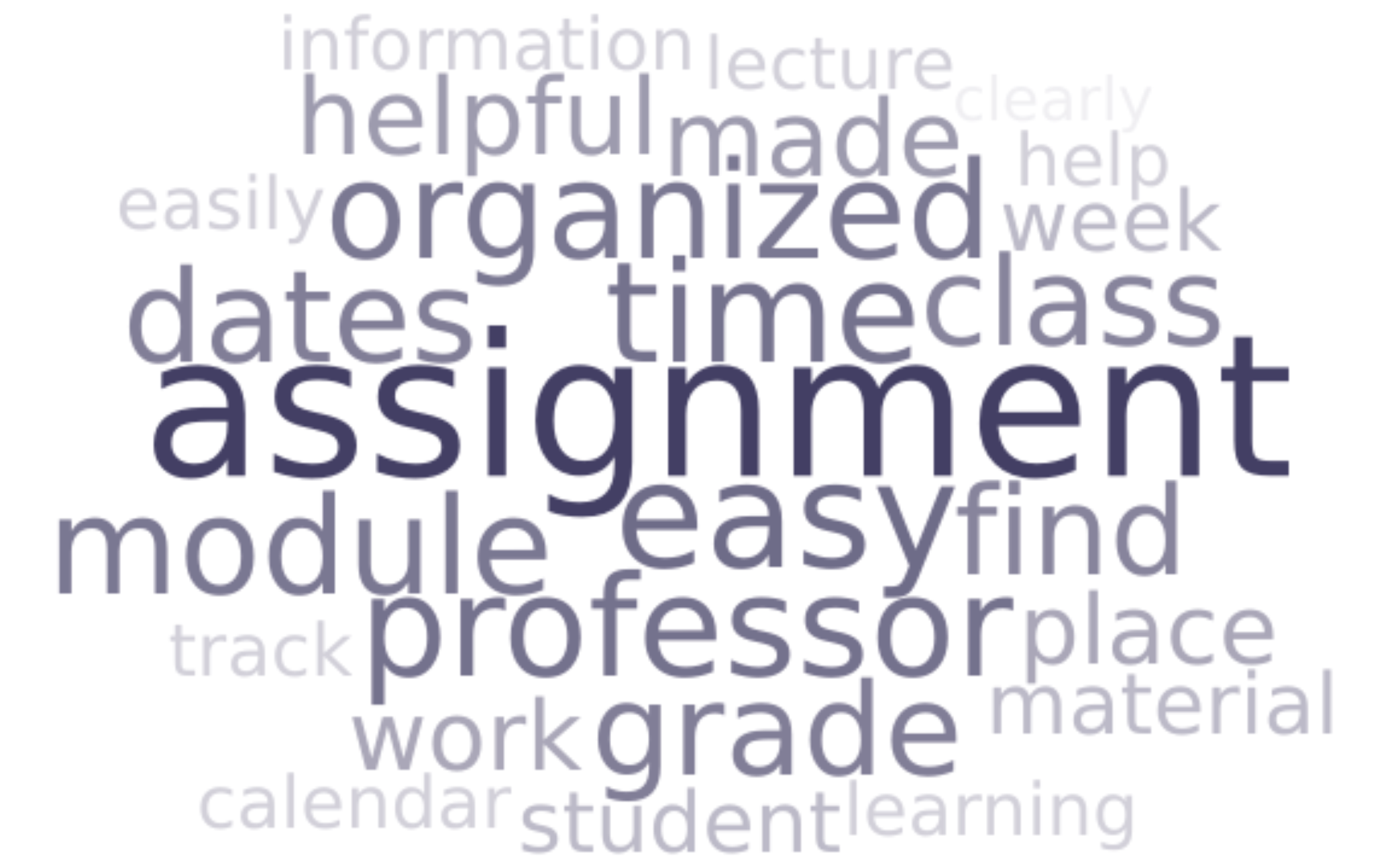 Word cloud with the words students mentioned most. The biggest word is assignment, followed by organized, professor, easy, find, schedule, and grade