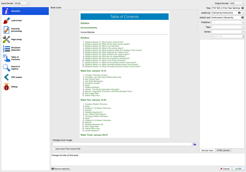 Screenshot of Calibre conversion page.