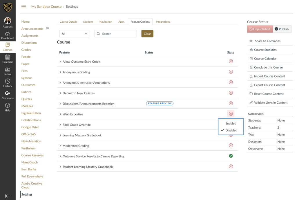 Screenshot of the feature options tab in course settings.