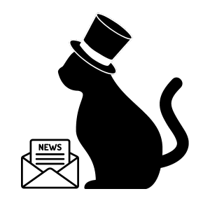 Silhouette of a black cat with a top hat reading a newsletter