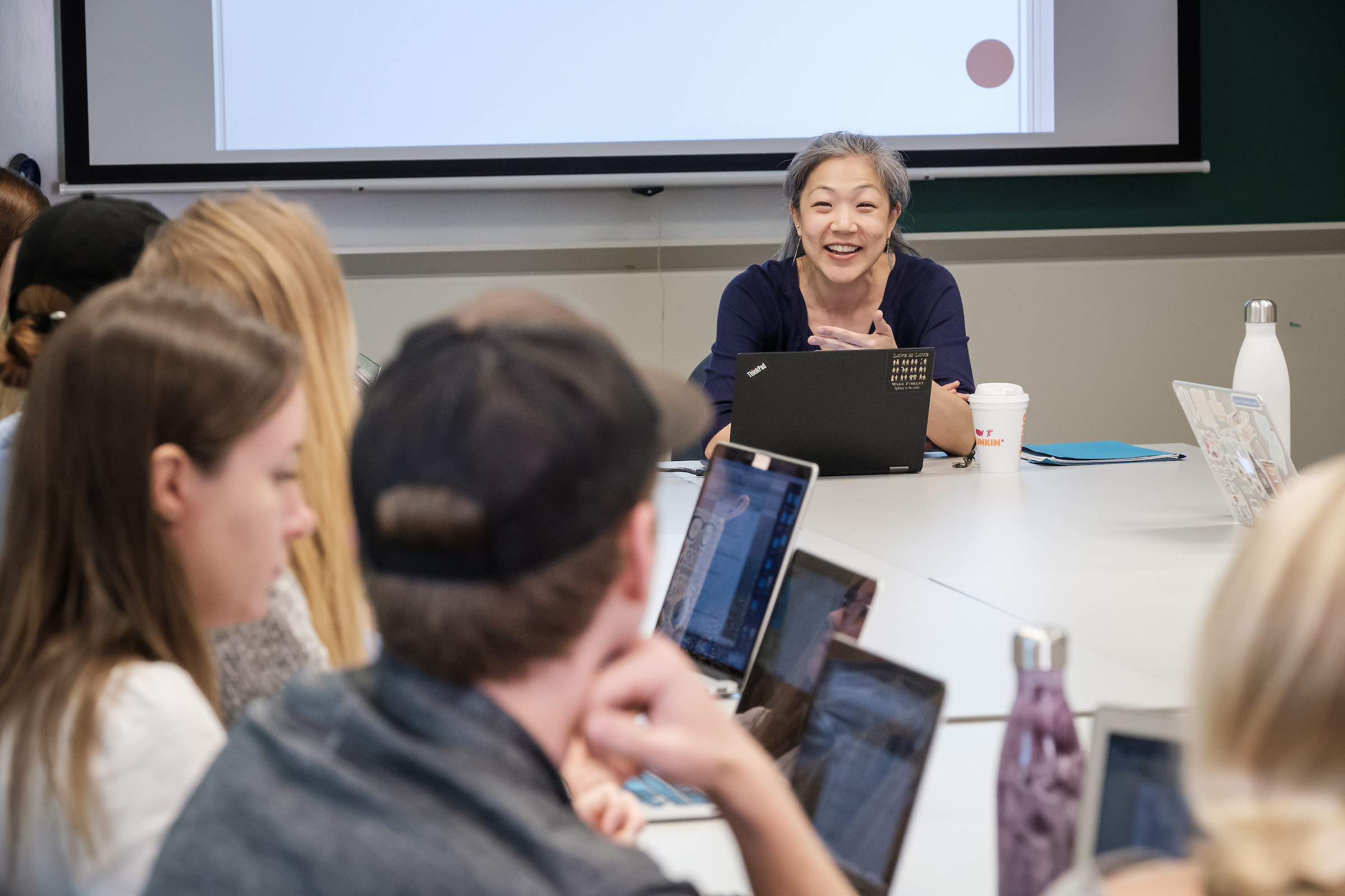 Wake Forest psychology professor Lisa Kiang teaches her seminar class in Greene Hall on Monday, April 15, 2019.