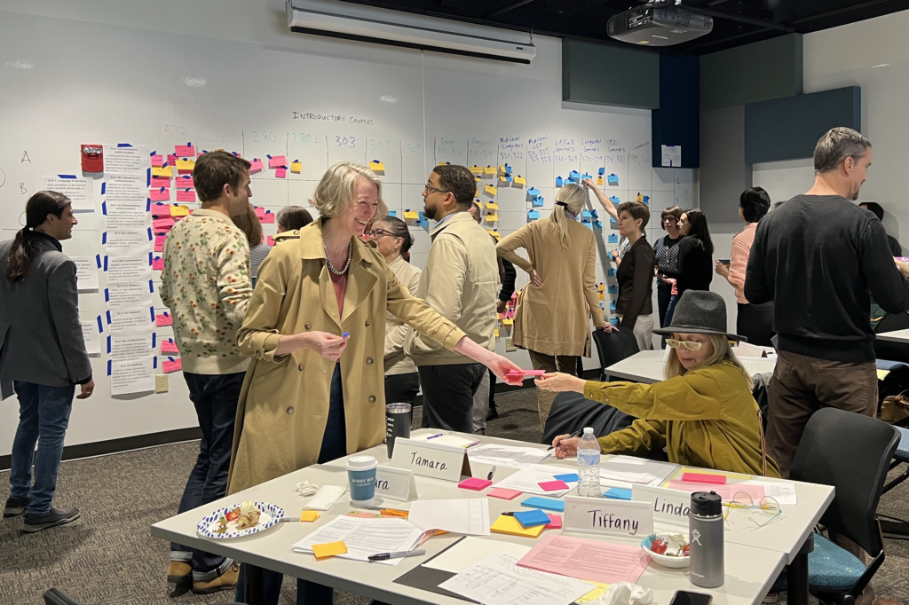 Faculty working together to map curriculum with post-it notes and white boards.