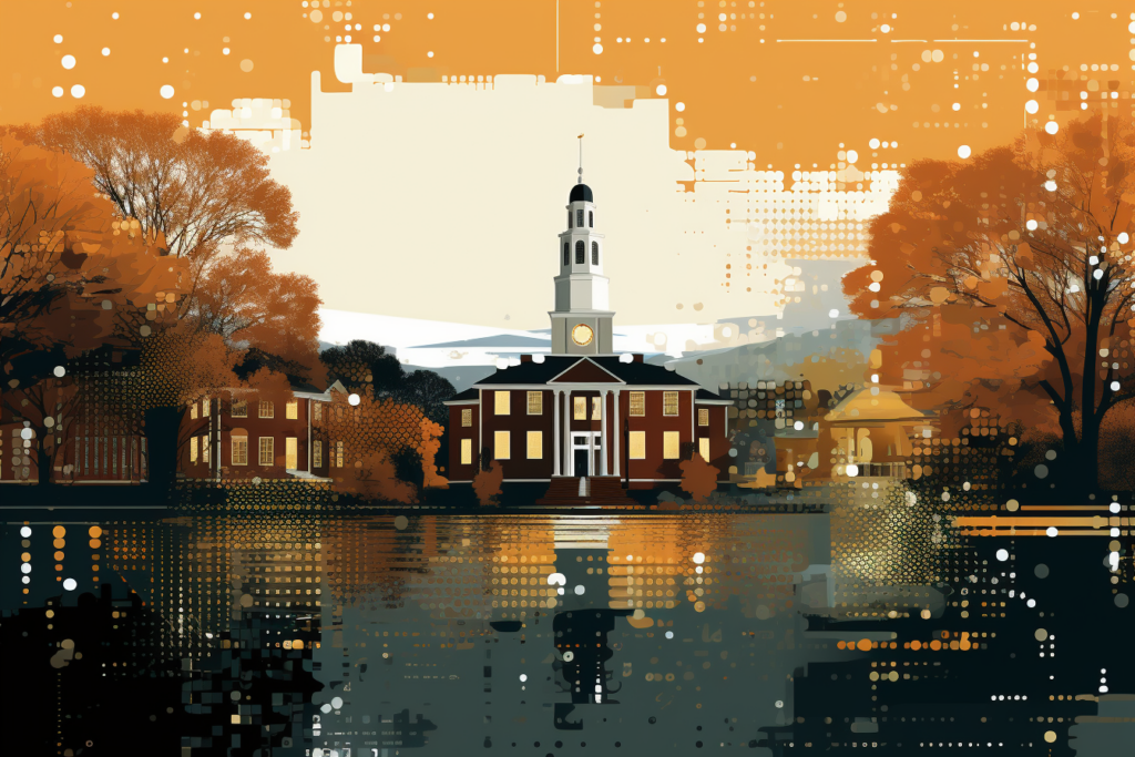 Midjourney’s rendering of “an illustration of the Wake Forest University campus covered in computer code.”