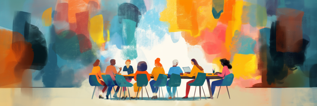 abstract painting of people sitting around a seminar table