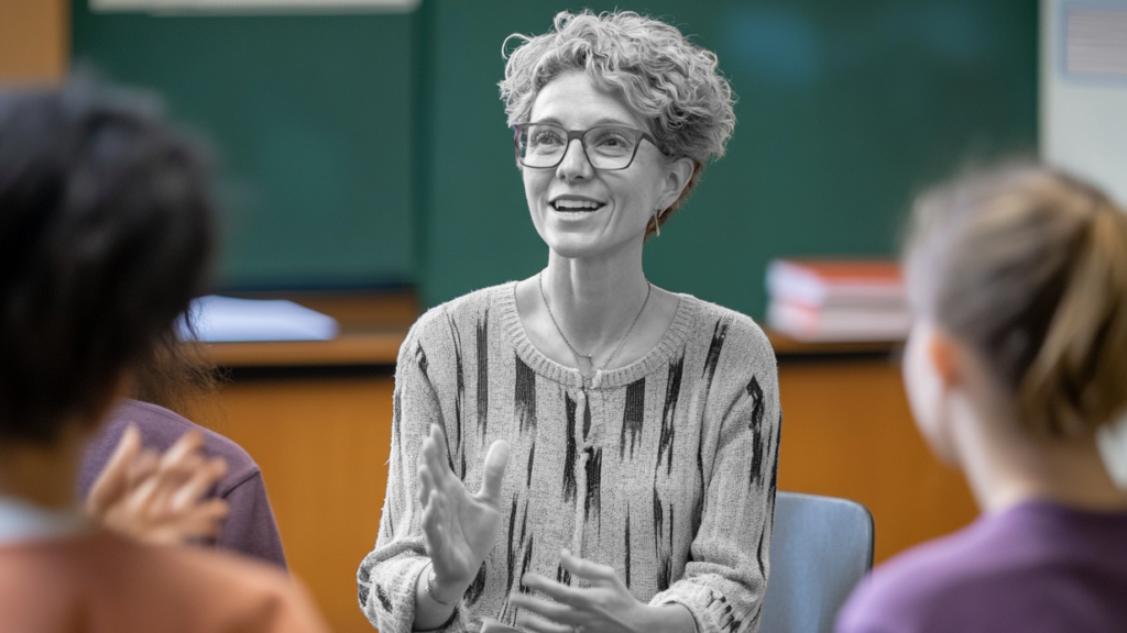 female professor talking with students. professor is in black-and-white while the rest of the photo is in color.