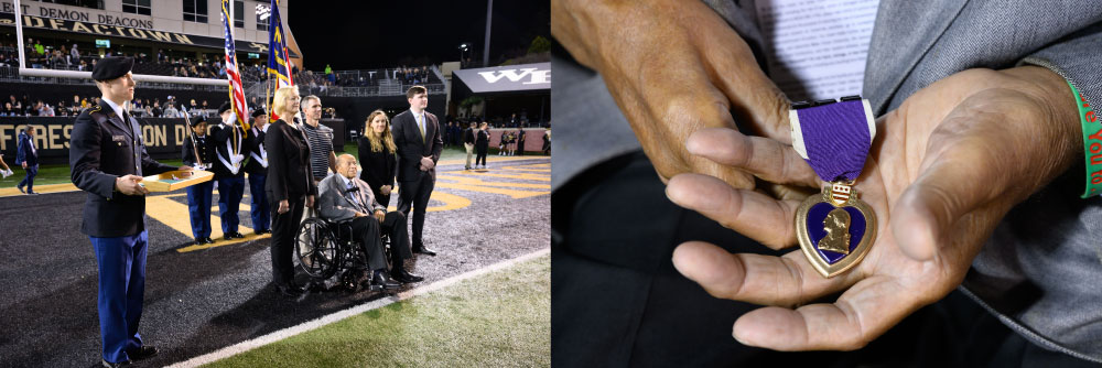 James Brown receiving a purple heart in the football stadium