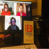 This image shows a videoconference, with the book that's being discussed positioned in the foreground.