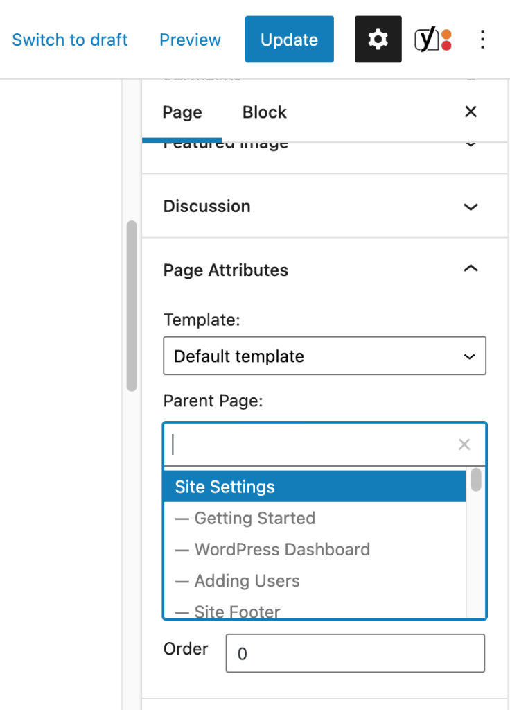 Screenshot showing Page Attributes in the builder sidebar where you can find the Template selector and Parent Page selector