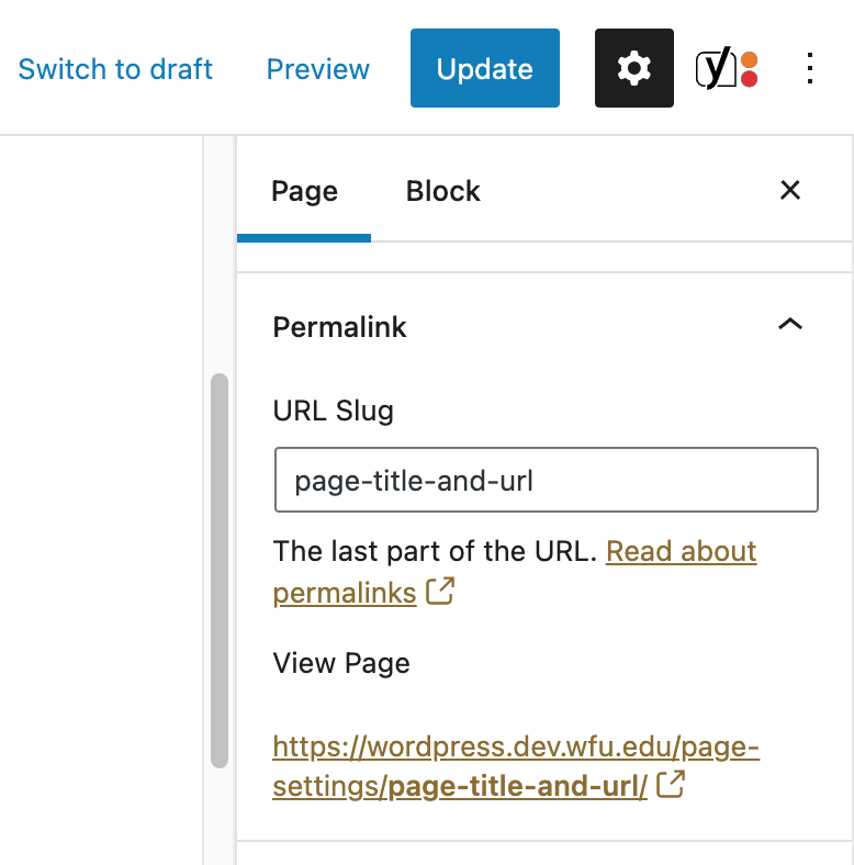 Screenshot showing Permalink in the builder sidebar where you can edit the URL Slug