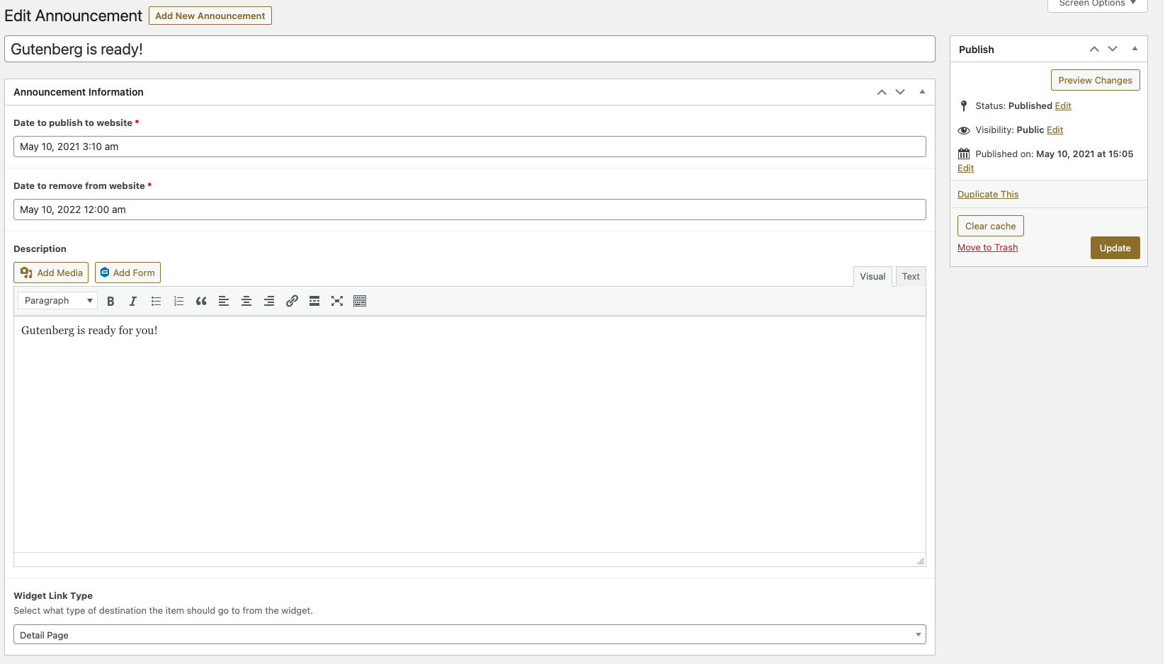 Announcement custom post type example.