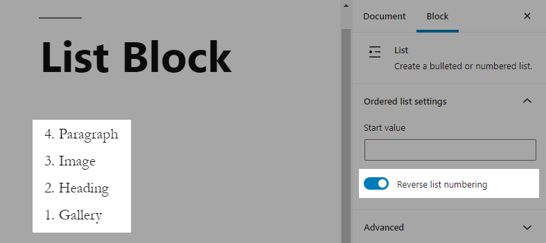 List block ordering.