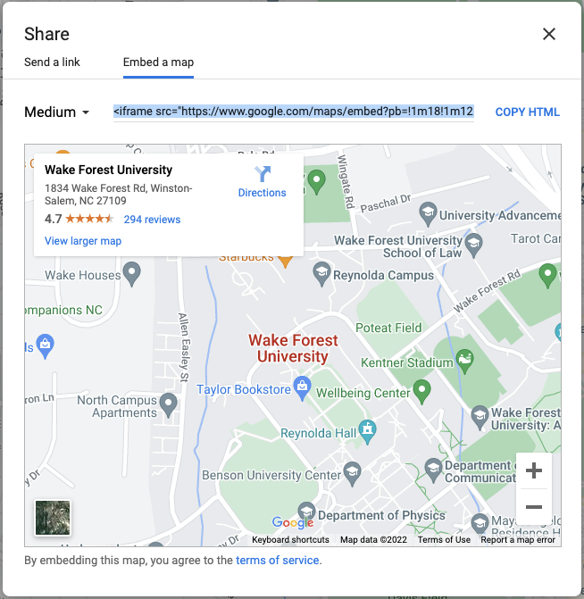 Screenshot showing the "Copy HTML" link from Google Maps.