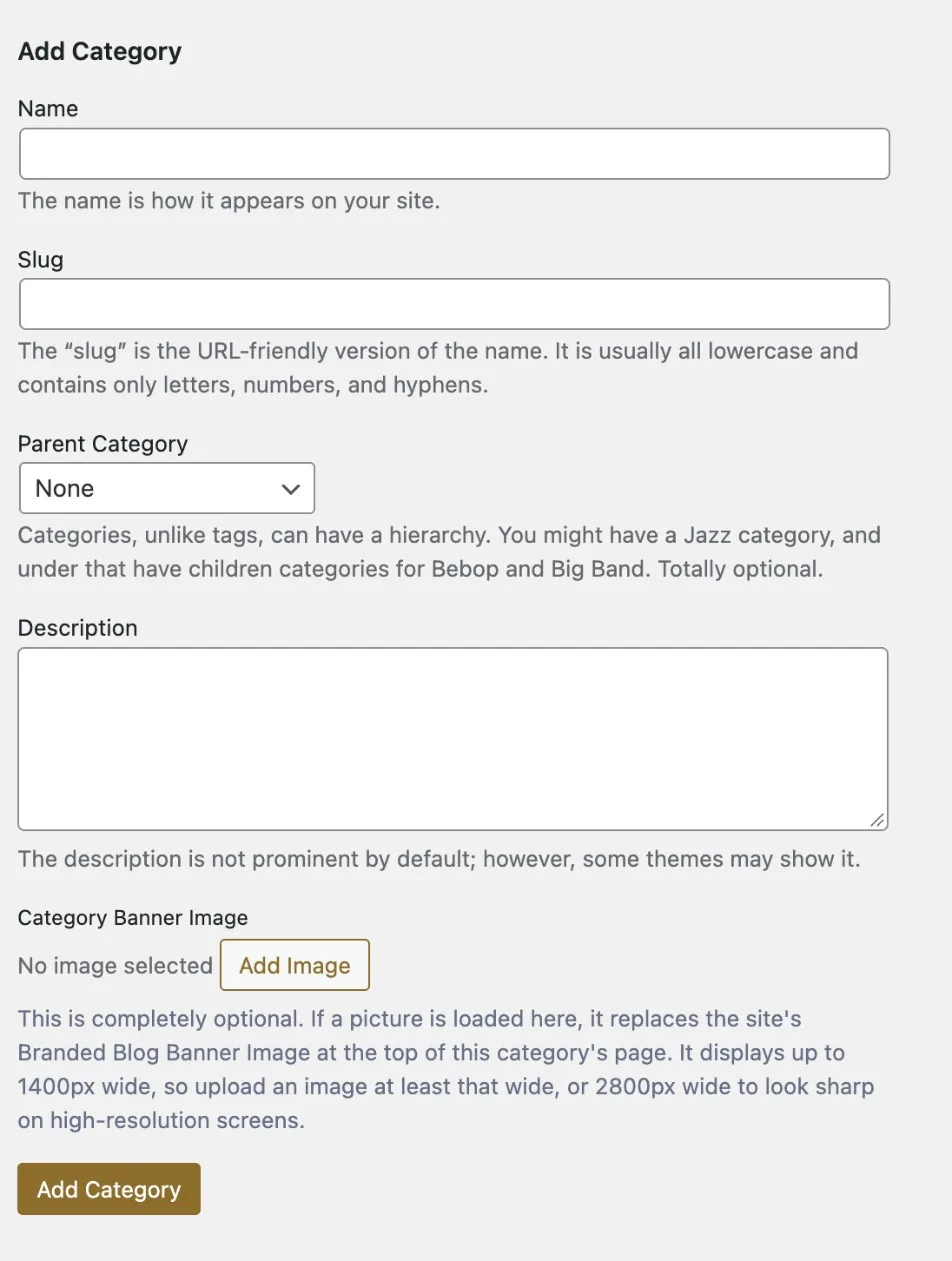 The Add Category form with Name, Slug, Parent Category, Description and Category Banner Image fields