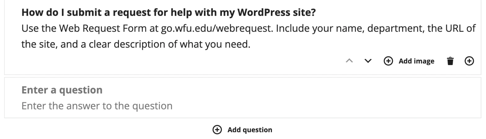 The Yoast FAQ block in the editor with one question filled in