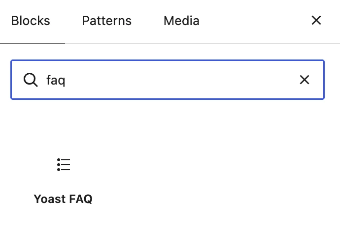 Searching for the Yoast FAQ block in the block inserter
