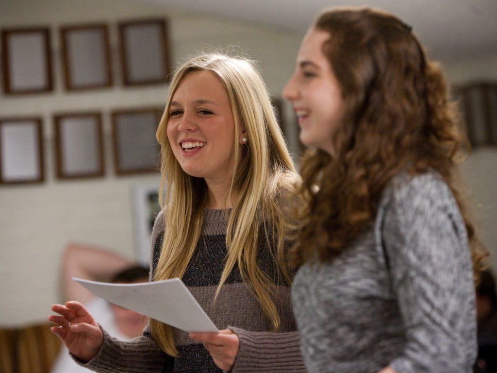 Freshman Madeleine Langr ('15) and freshman Erica Duff ('15) of the Wake Forest University debate team prepare for the regional competition on Wednesday, February 8, 2012.