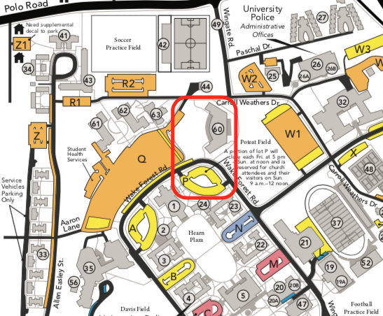 Portion of campus map highlighting the event building and parking.