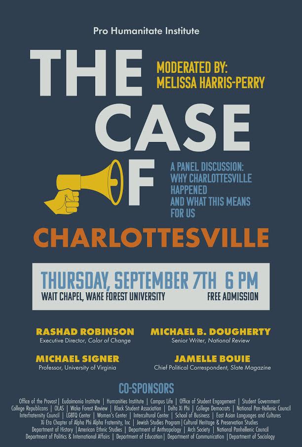The Case of Charlottesville Panel will be held in Wait Chapel at WFU on September 7, 2017 at 6:00 PM.