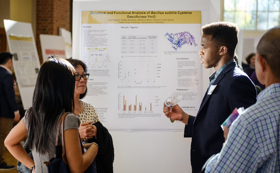 Student presents research using poster at a conference.