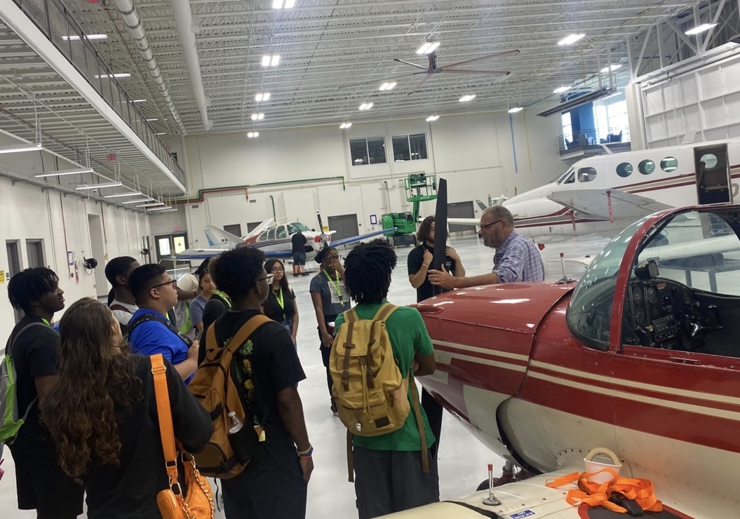 LEAP interns touring Forsyth Tech's Mazie S. Woodruff Aviation Technology Lab. 