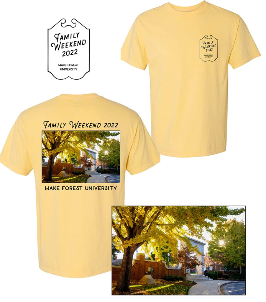 Photo shows a gold tee with black Family Weekend logo on the front pocket, and a photo of Hearn Plaza on the back