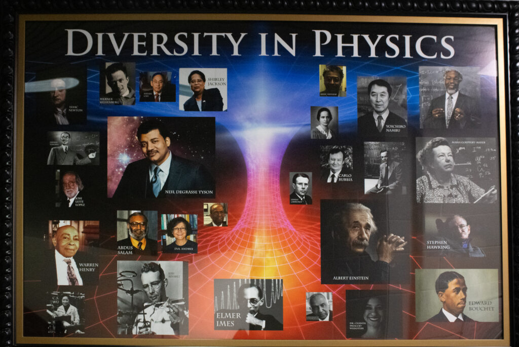Diversity in Physics poster in the Olin Physics building.