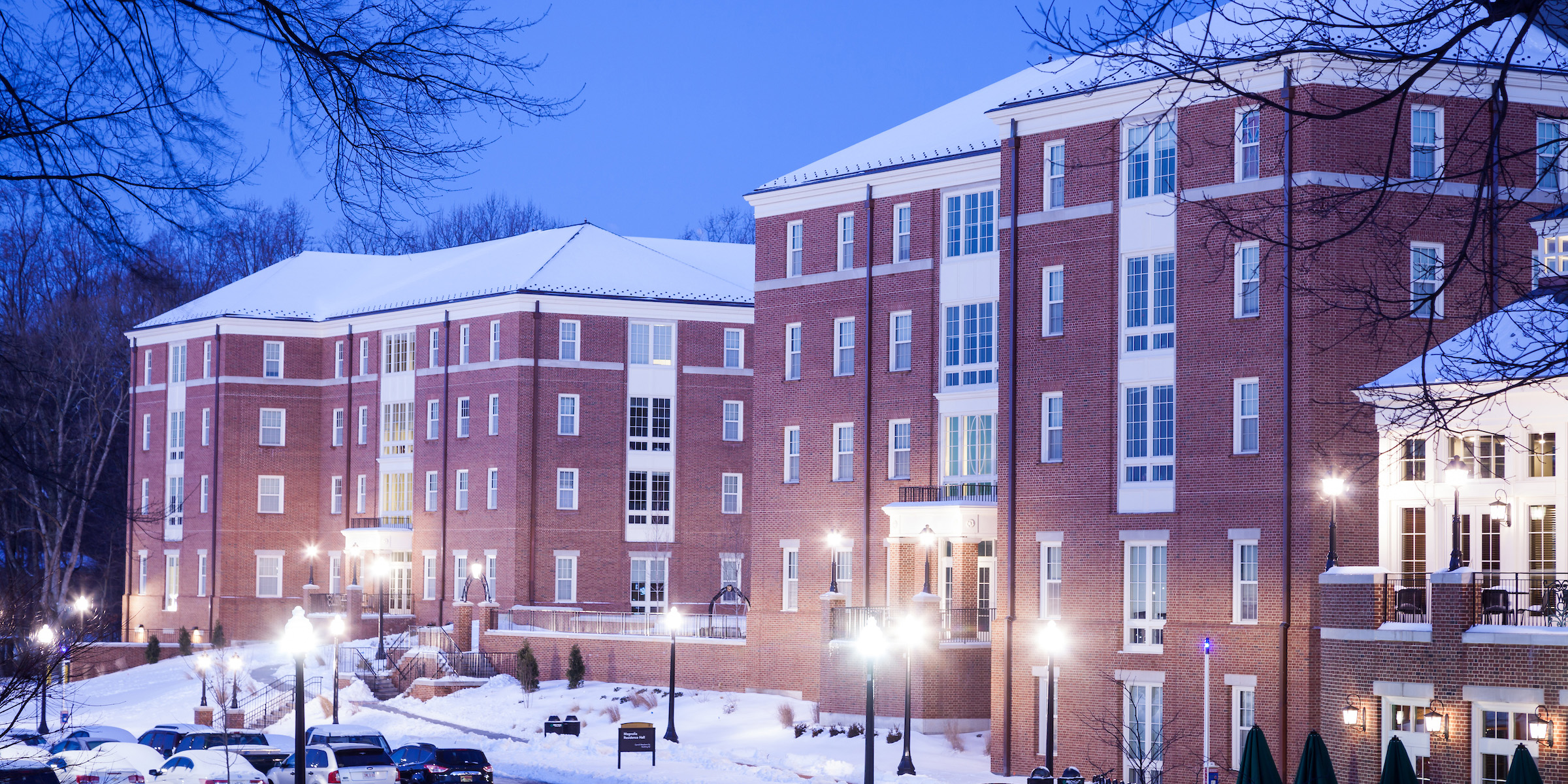 Dogwood and Magnolia residence halls in the snow