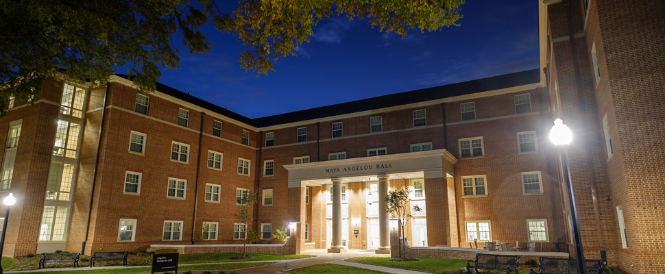 Exterior photo of the entrance to Angelou Residence Hall at night