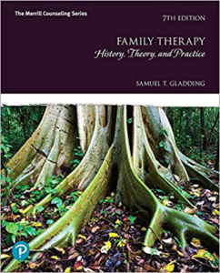 Cover of Family Therapy: History, Theory, and Practice. Image shows a purple header with the text title and author name, with an image of a large tree and its roots digging into the forest floor below.