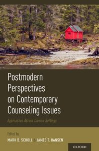 Book cover for Postmodern Perspectives on Contemporary Counseling, featuring an image of a red barn situated among a fall forest along a riverbank