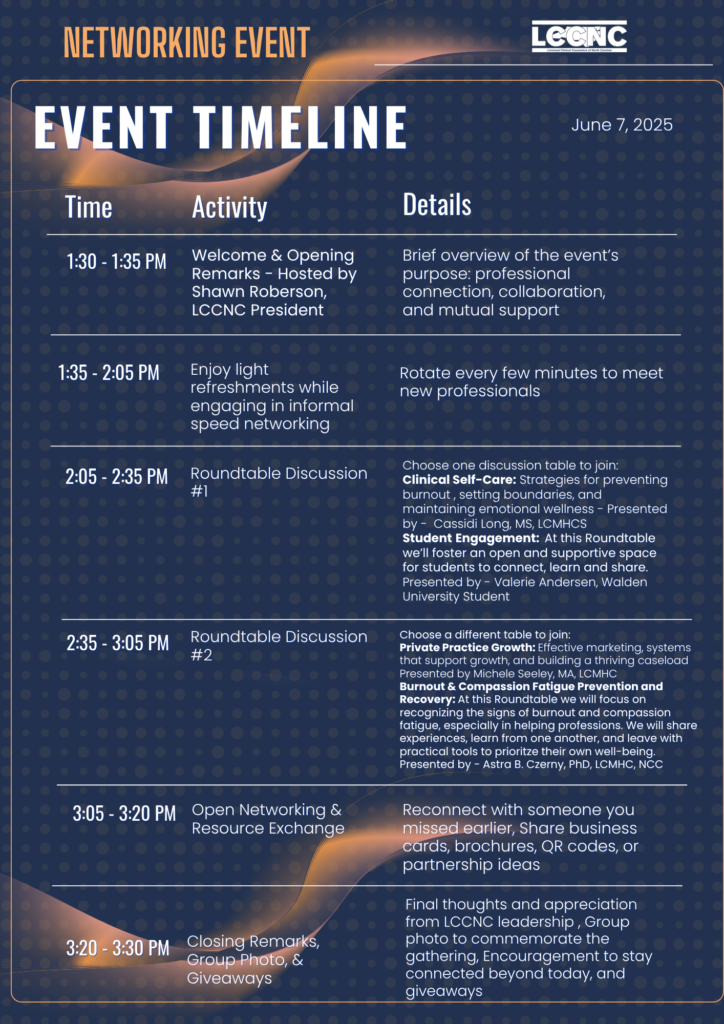 LCCNC Networking Event
Event Timeline
1:30-1:35pm: Welcome and Opening Remarks - Hosted by Shawn Roberson, LCCNC President
1:35-2:05pm: Enjoy light refreshments while engaging in informal speed networking.
2:05-2:35pm: Roundtable Discussion #1
2:35-3:02pm: Roundtable Discussion #2
3:05-3:20pm: Open Networking & Resource Exchange
3:20-3:30pm: Closing Remarks, Group Photo, & Giveaway
