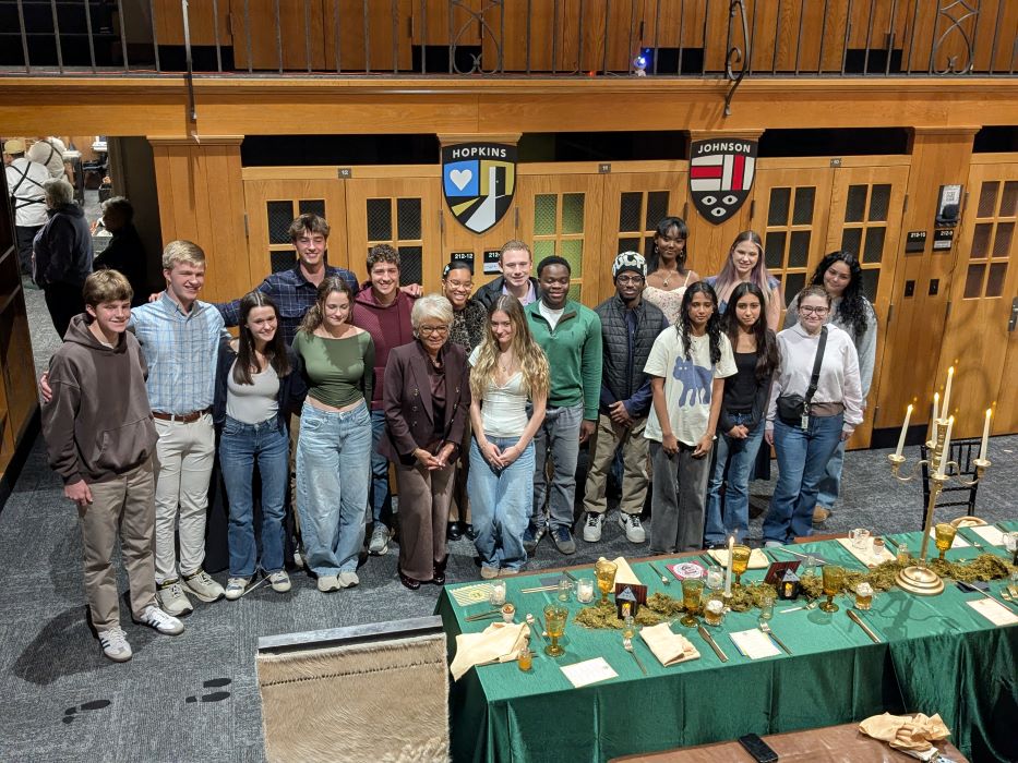 Group of freshmen with Beth Hopkins at a Harry Potter themed Deacon Dining Supper Club.