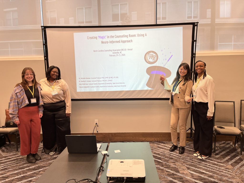Dr. Tameka Grimes, Dr. Michelle Ghoston, and two WFU Counseling Graduate Students present at NCCA Conference 2026.