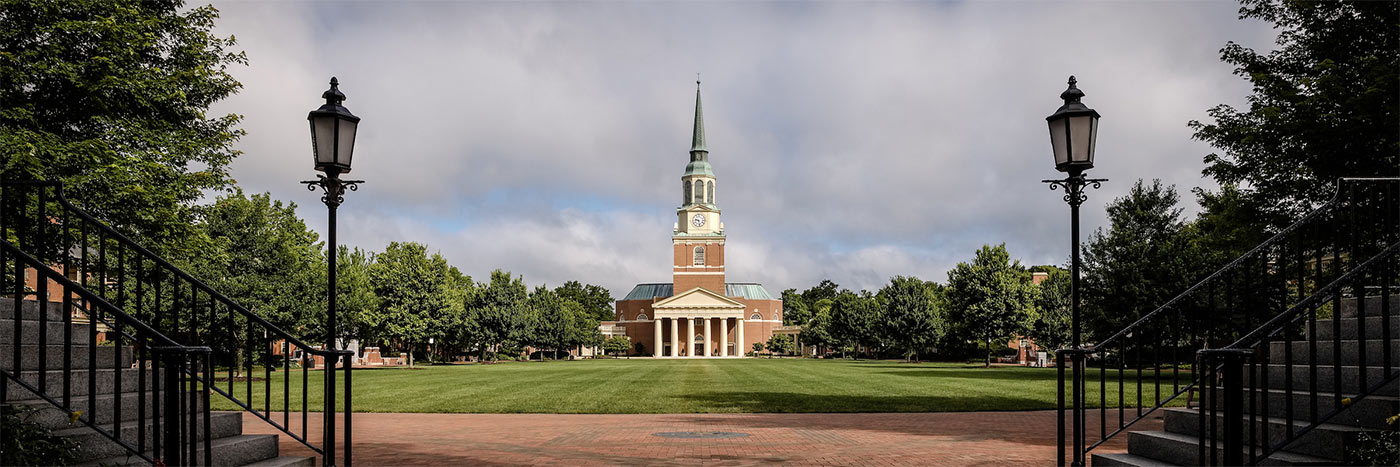 A view of Wait Chapel and Hearn Plaza on the campus of Wake Forest University.