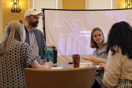 students chat at the event