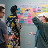 students in a workshop setting with post-it notes
