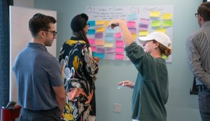 students in a workshop setting with post-it notes