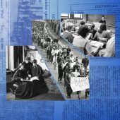 photo collage of newspapers with black-and-white images of nuns and another image of Vietnam protestors