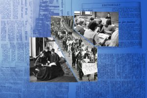 photo collage of newspapers with black-and-white images of nuns and another image of Vietnam protestors