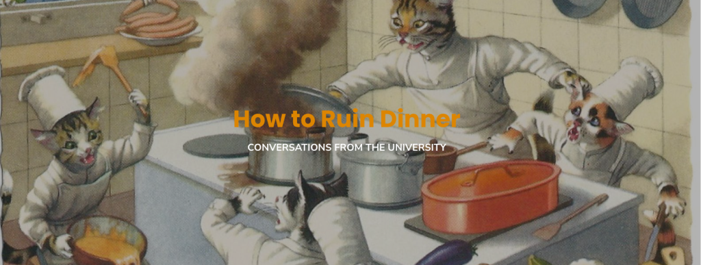 illustration of cats cooking and burning food on a stove top. Name of the podcast, "How to Ruin Dinner" overlaid on top.