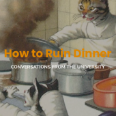 illustration of cats cooking and burning food on a stove top. Name of the podcast, "How to Ruin Dinner" overlaid on top.