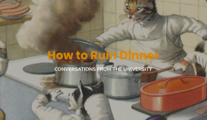 illustration of cats cooking and burning food on a stove top. Name of the podcast, "How to Ruin Dinner" overlaid on top.