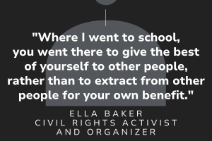 "Where I went to school, you went there to give the best of yourself to other people, rather than to extract from other people for your own benefit." - Ella Baker, Civil Rights Activist and Organizer